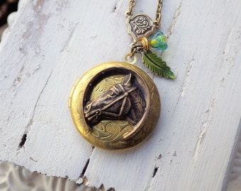 Horse Locket ~ Horse Necklace~ Equestrian Jewelry ~ Horse Lover Gift ~ Art Nouveau ~ Lucky Horseshoe ~ by WakesTheDawn