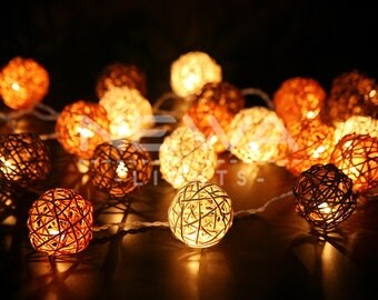 20 Brown White Rattan Ball Fairy Lights Indoor String Lights Christmas Light Gift Bedroom Patio Party Wall Hanging Vintage Rustic Home Decor