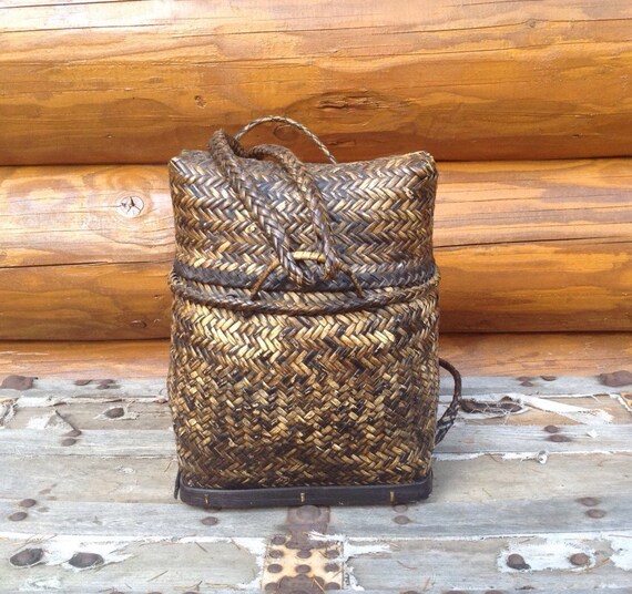 LARGE Vintage woven rattan bamboo backpack pack basket