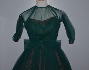 1950s/60s Emerald Prom Dress | Formal Gown | Homecoming | Tulle Full Skirt Dress