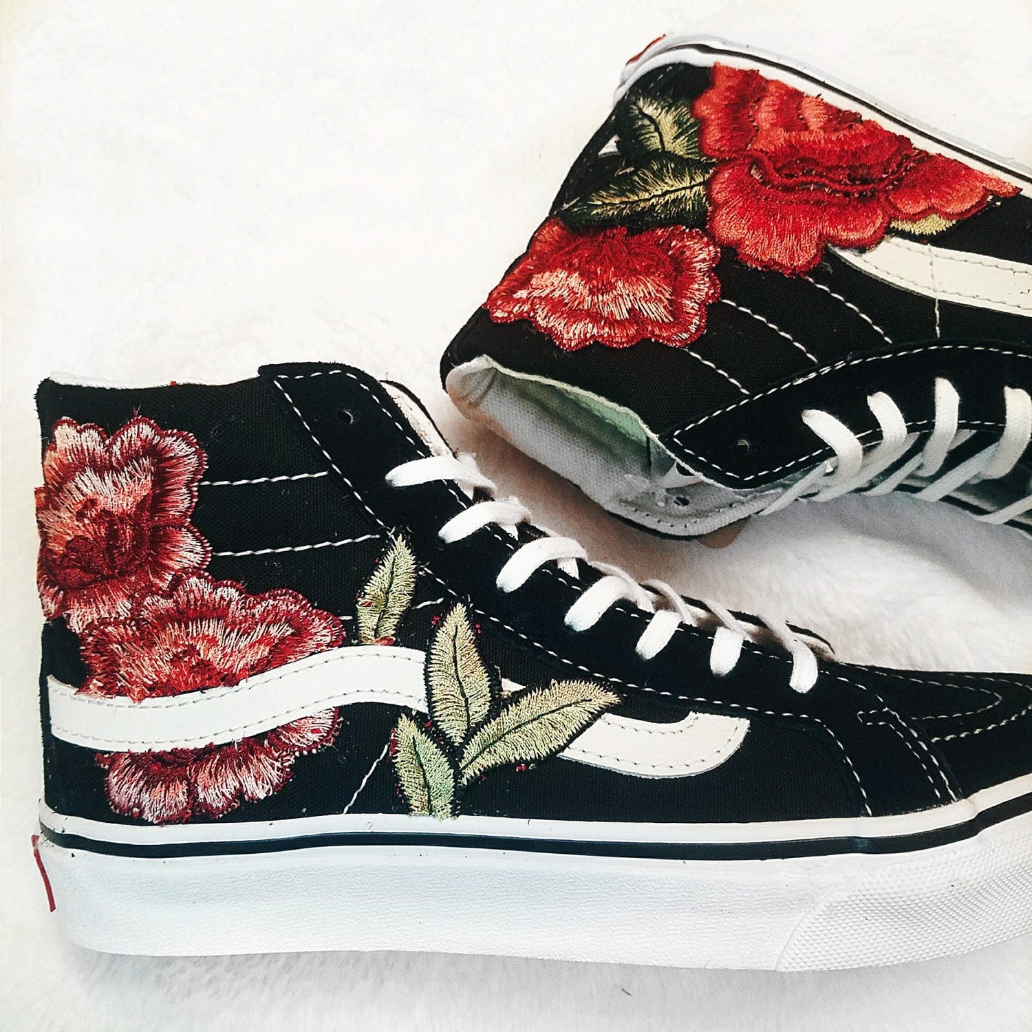 Womens Custom Rose Floral Embroidered Patch Vans Sk8HI SLIM