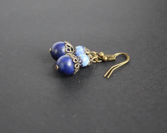 Agate lapis lazuli blue earrings Blue bronze jewelry Lapis lazuli gift Little earrings Blue gift for her Blue agate earrings Lapis lazuli