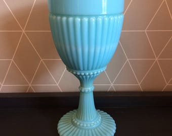 Antique Sky Blue Victorian, Edwardian Milk Glass Drinking Goblet - ribbed, pressed moulded decoration
