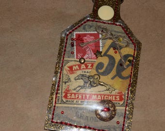 Vintage Inspired Mixed Media Tag One of a Kind Keychain