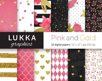 Pink and gold digital paper pack; digital patterns; watercolor flowers, gold hearts, gold stripes, dots, pink quatrefoil