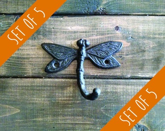 Set of 5 Dragonfly Hooks | Cast Iron Hook | Garden Hook | Rustic Hook | DIY Decor | Nursery Hook | Set of Wall Hooks | Coat Rack Kit