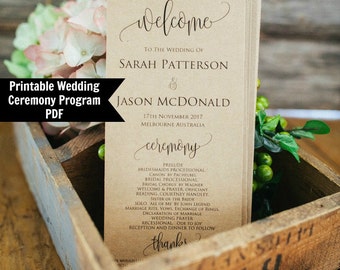 Printable Wedding Program Template, Rustic Ceremony Wedding Program, Instant Download, PDF