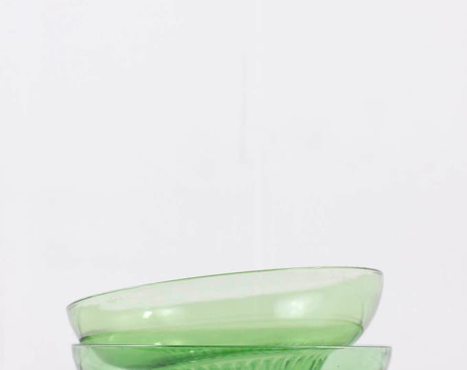 Green glass bowls with ribbed base by A.L. Randall, Prairie View, IL - set of 2 - breakfast bowl, icecream coupe, snack bowls,
