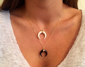 Double Horn Necklace, Gold Crescent Moon Necklace, black white tusk Necklace, Bone Horn Necklace Layering Boho Necklace, Upside Down Moon