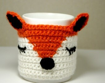 Mug Warmers: "ANIMAL MUG COZY" Orange White Fox Crochet Mug Cozy , Mug Hug, Handmade Crochet , Coffee Cup Holder , Tea accessory A30