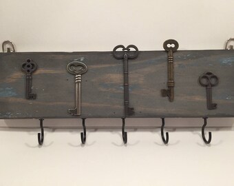 Rustic Wood Key Holder With 5 Black Key Hooks; Metal Key Details; 12" by 5"