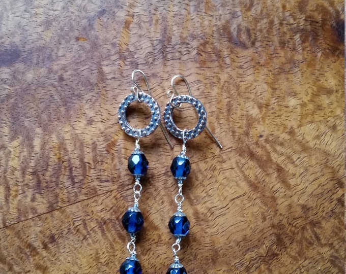Vintage Cobalt Blue Beads and Bead Caps with 14K GF earwires and a Bronze Plated Circle