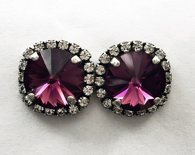 Fashionable amethyst purple Swarovski crystal stud earrings surrounded by a halo of pave for a chic glamorous look perfect for her!