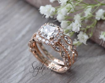 Set of 3, Cushion Cut Ring with Art Deco bands 14 Karat Rose Gold, Made to Order, Stacking Rings, Engagement Set, Wedding Rings by Sapheena