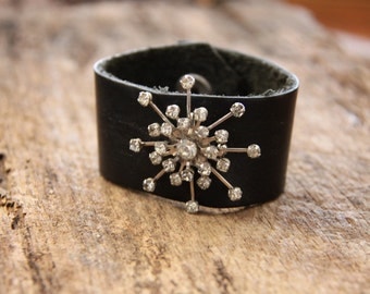 Leather Cuff Bracelet, Vintage Brooch Bracelet, Vintage Bracelet, Women's Cuff Bracelet
