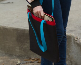 Record Tote Bag, medium black and red handmade tote bag for vinyl records, vinyl record storage, tote bag canvas, gifts for him