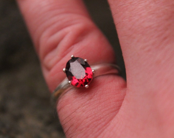 Rhodolite Pink Garnet Ring, Solitaire January Birthstone, 6 Prong 8 x 6 mm Gemstone Sterling Silver Ring, Birthday Gift, Raspberry Red Gem