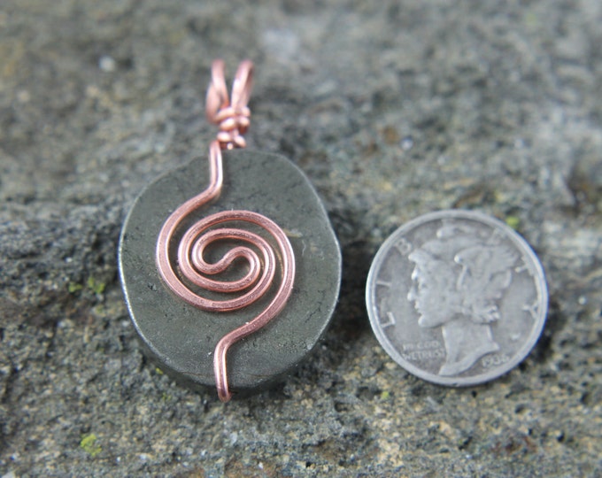 Copper Wire Wrap Pyrite Pendant with Spiral Accent, Natural Stone Necklace, Simple and Small Gift for Him or Her, Mens or Ladies Jewelry