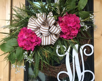 Monogram Wreath, Spring Wreath, Summer Wreath, Hydrangea Wreath, Everyday Wreath, Pink Wreath, Front Door Wreath
