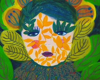 Original painting on paper - Jeune fille en feuilles - Young girl in leaves