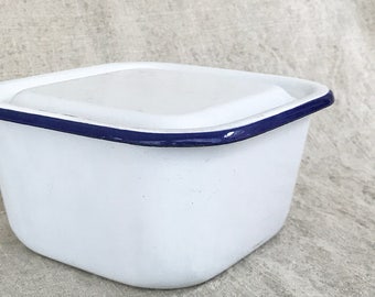 1950s Vintage Square Blue and White Enamelware lidded box