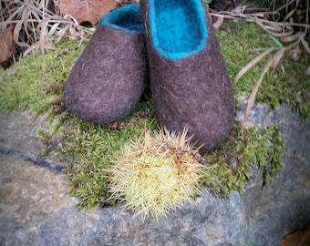 Adult unisex brown turquoise blue wool felt slippers