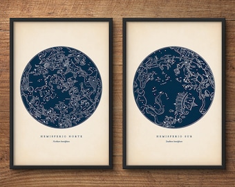 Star map print set of 2, Astronomy print, Star chart print, Constellations chart, Constellation print, Nautical decor, Wall art