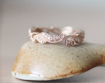 14K Rose Gold Ring*Vintage Bridal Wedding Band*Diamond Wedding &Engagement Band*Anniversary Ring*Solid Gold Diamond Matching Band