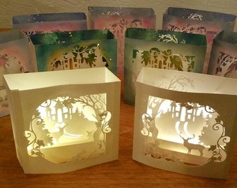 Illuminated 3D pop up winter scene, shadow box card with led light. Christmas decoration, Forest, deer, castle, glitter, light box