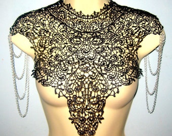 Steampunk Victorian bib collar. Statement necklace of black lace and chain epaulettes. 'Body Tattoo' Burning Man