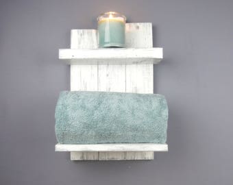Small Wood Wall Shelves For Bathroom–White Bathroom Shelves Over Toilet–Reclaimed Wood Thick Rustic Shelf–2 Tier Wood Bathroom Open Shelving