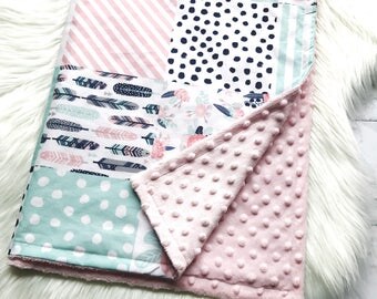 Feathers and floral baby blanket. Mint, pink, floral blanket, baby blanket, minky blanket