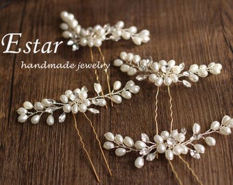Handmade Floral Pearl Hair Pins, Bridal Flower Clips, Boho Gold, White Rhinestones, Bohemian Wedding Hair Accessories
