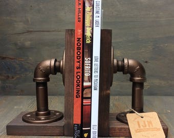 Industrial Rustic Urban Pipe Book Ends, Steampunk Bookends, Black Iron Pipe Book Accessories, Rustic Book Stops