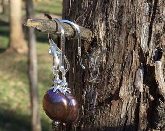 Brown Irridescent Coin Pearl Earrings