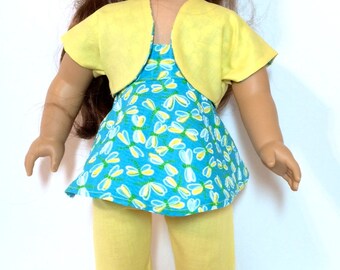 18 Inch Doll Clothes 3-Piece Capri Outfit W/Yellow and Turquoise Print And Optional White Shoes Also Fit American Girl Doll Clothes