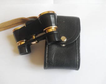 Black opera glasses Soviet vintage binoculars Theater binoculars USSR Vintage opera glasses Small binocular Leather case