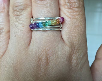 Handcrafted sterling silver rainbow of gemstones ring