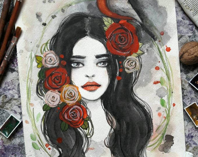 Floral Girl ORIGINAL watercolor painting by Tatiana Boiko, wall hanging, wall art, fashion illustration, gift, decor, roses Russian art
