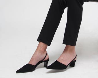 Donna Karan New York slingback //mules//sabot// in black suede// low heel// pointed toe - us7 - eu 37 - uk 4