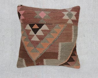 Kilim Pillow,Throw Pillow, Vintage Pillow,Turkish Pillow,Cushion Cover,16"x16"inches,40x40 cm