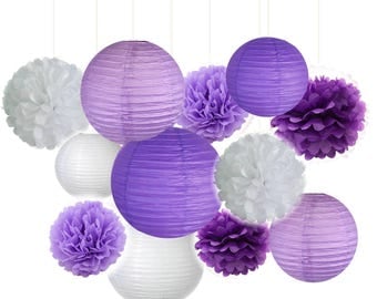 Set of 12 Mixed Purple Lavender White Party Tissue Pom Poms Pompoms Paper Lantern Wedding Birthday Shower Party Hanging Decoration