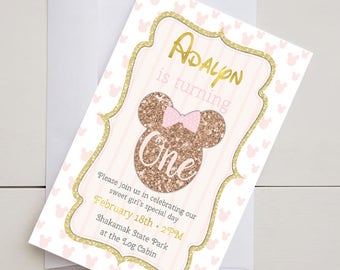 Pink and Gold Glitter Minnie Mouse Birthday Invitation-Digital-Printable-5x7-Customizable