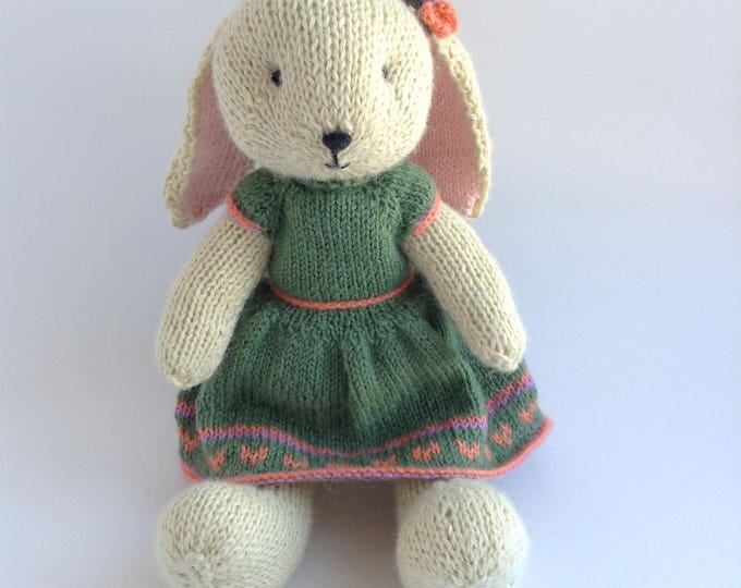 Hand Knitted Bunny, Knit Animal Rabbit, Stuffed Bunny Rabbit in dress, Handmade Knit Soft Cute Toy Bunny 10 inches
