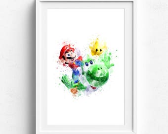 Super mario print, super mario art, super mario decor, disney watercolor, disney wall art, disney print, kids room art, kids wall decor, art
