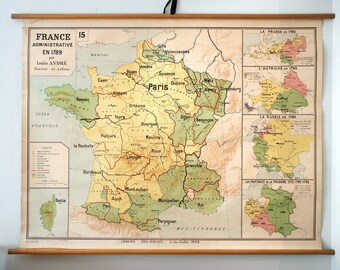 Rare Vintage France in 1789 School Map from Librairie Delagrave. Made in France
