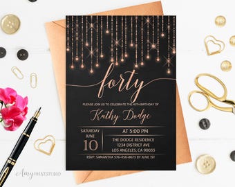 40th Birthday Invitation, Rose Gold Birthday Invitation, Chalkboard Birthday Invite, PERSONALIZED, Digital file, #W19