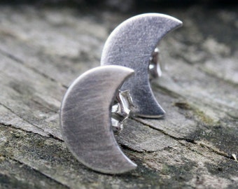 Crescent moon sterling silver stud earrings - oxidized