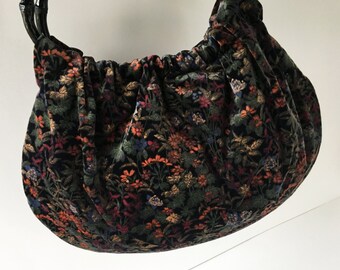 Black Velvet Hobo Purse - Handmade Floral Handbag with Bamboo Handles