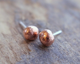 Warm Copper Hammered Stud Earrings - Recycled Copper Post Earrings